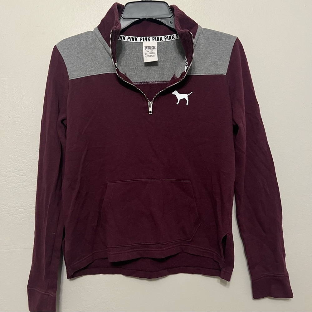 PINK Victoria's Secret Burgundy Gray Henley Zip Dog Logo Vamp Fall Sweatshirt XS